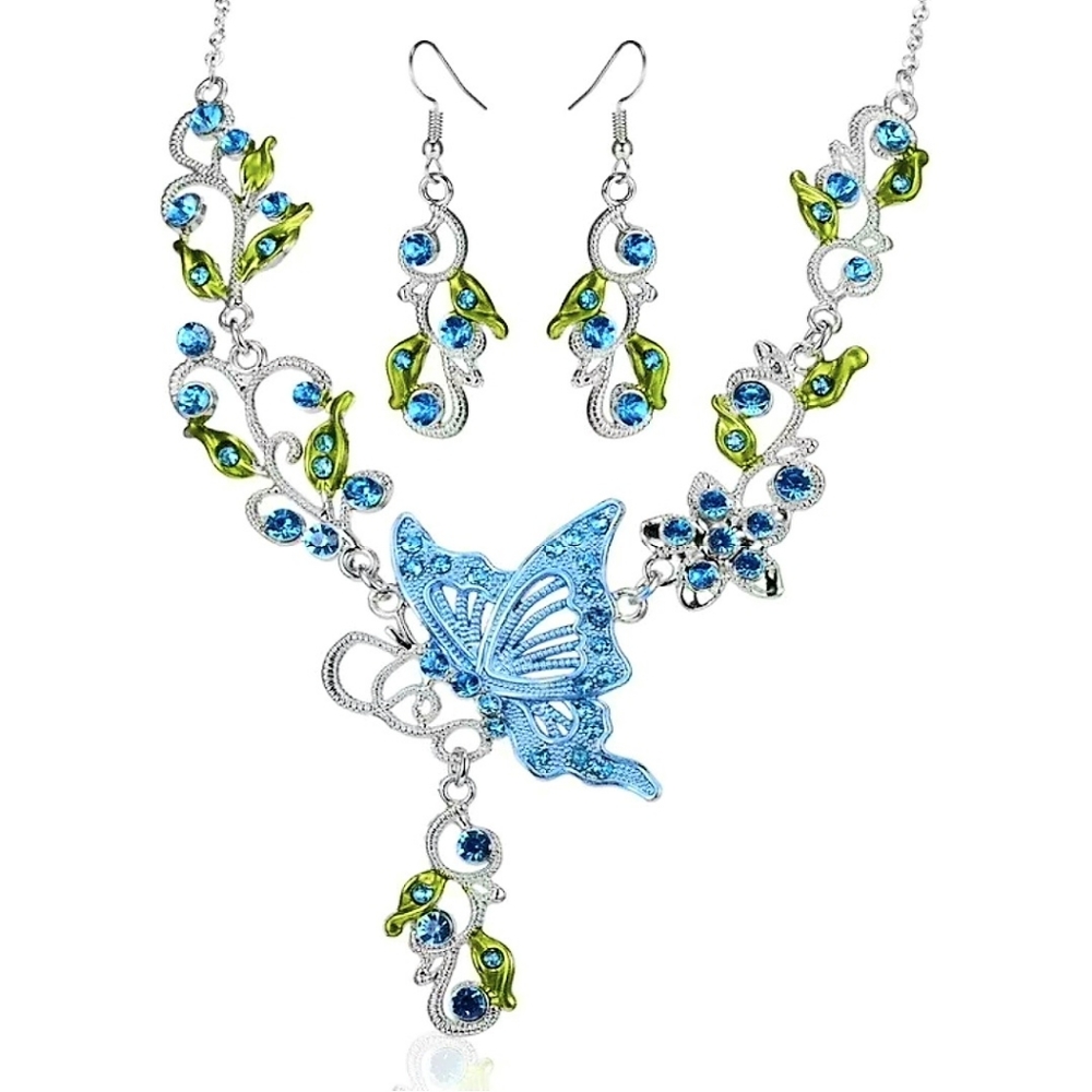 Silverplated blue green crystal butterfly necklace earrings set with silver post